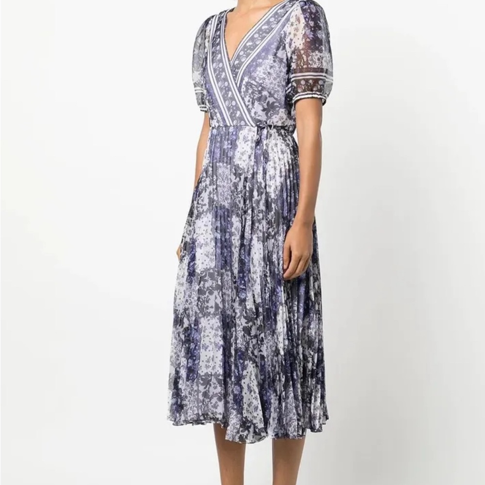 Marchesa Notte Patchwork Chiffon Wrap Dress Lilac Floral Pleated Midi 12 NWT